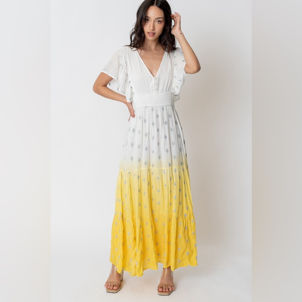 En Creme Flutter Sleeve Dip Dye White and Yellow Maxi Dress